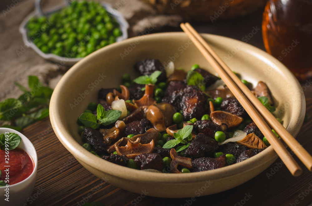 Homemade thai meat with forest mushrooms Homemade thai meat with forest mushrooms