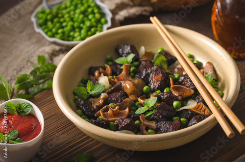 Homemade thai meat with forest mushrooms
