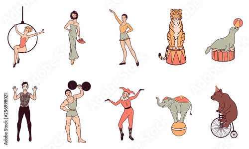 Vintage circus hand drawn characters set, performers, people and animals, vector illustration