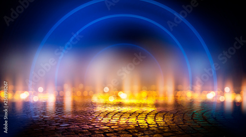 Neon circle, wet asphalt, r...