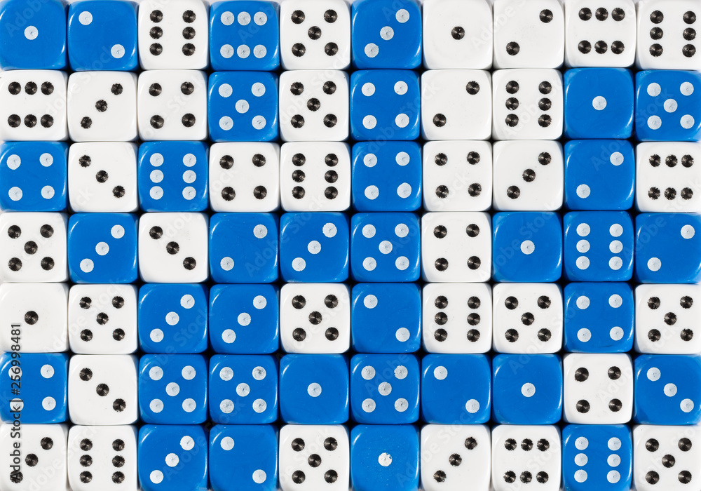 Background of 70 random ordered white and blue dices Background of 70 random ordered white and blue dices