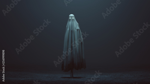 Walking Evil Spirit with Glowing Eyes in a Death Shroud in a foggy void 3d Illustration 3d Rendering