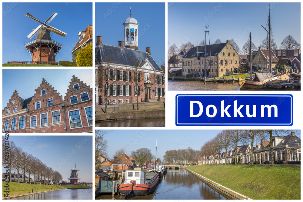 Collage of interesting sights in the Frisian city of Dokkum, Netherlands