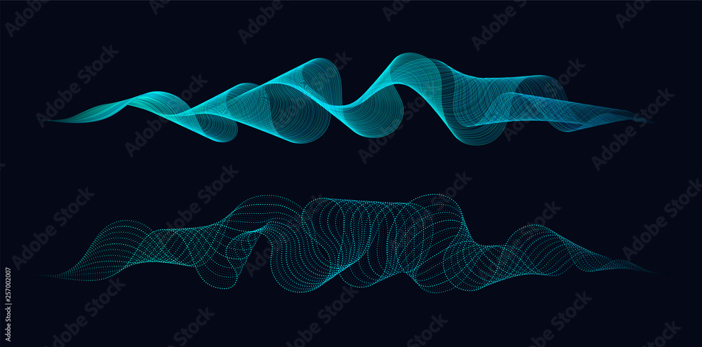Abstract dynamic waves of lines and dots flowing on dark background. Concept of music waves science or technology AI.