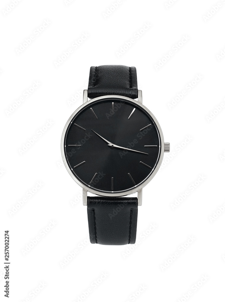 Classic women gold watch black dial, leather strap, isolate on white background Classic women gold watch black dial, leather strap, isolate on white background