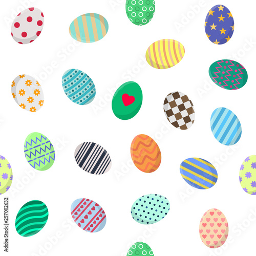 Seamless Pattern with Different Easter Eggs on white. Perfect for Wrapping Paper, Wallpaper, Fabric. Vector illustration for Your Design, Web.