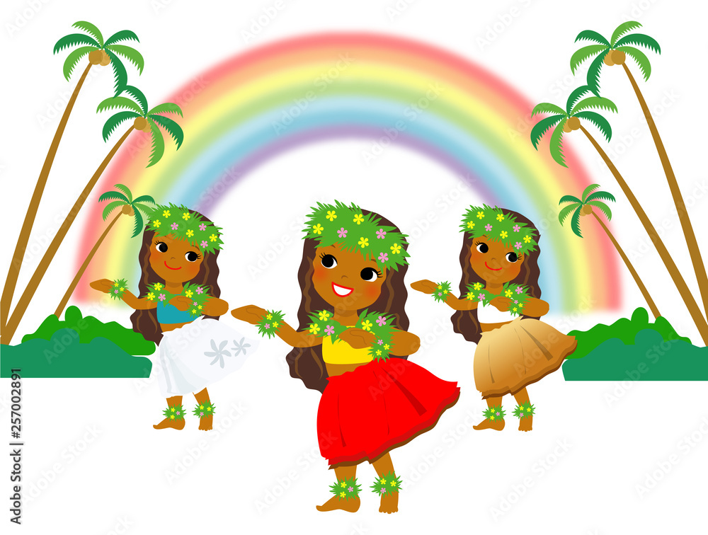 虹と椰子の木の前でフラダンスを踊る三人娘 Stock イラスト Adobe Stock 虹と椰子の木の前でフラダンスを踊る三人娘 Stock イラスト Adobe Stock