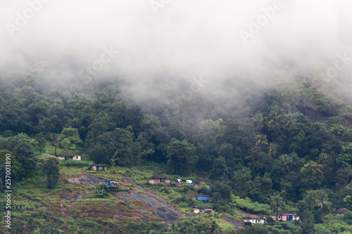 Morning mist covering the house colony in the hills near forest.