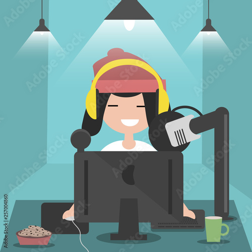Young character sitting at computer desk.Streaming.Cloud gaming service.Flat cartoon design.Clip art