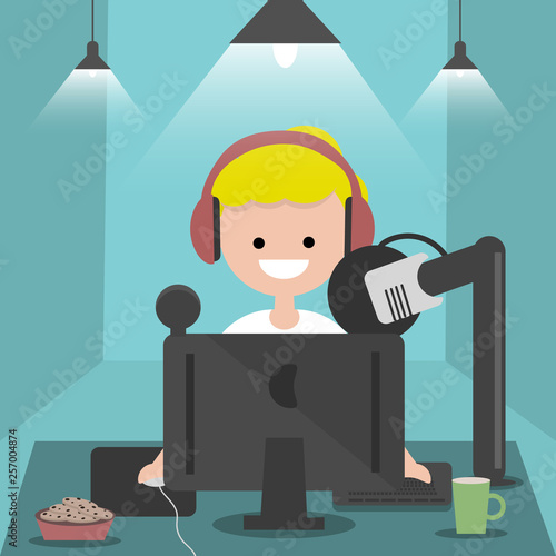 Young character sitting at computer desk.Streaming.Cloud gaming service.Flat cartoon design.Clip art
