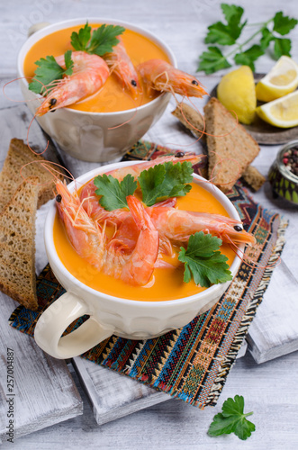 Traditional creamy soup with shrimp