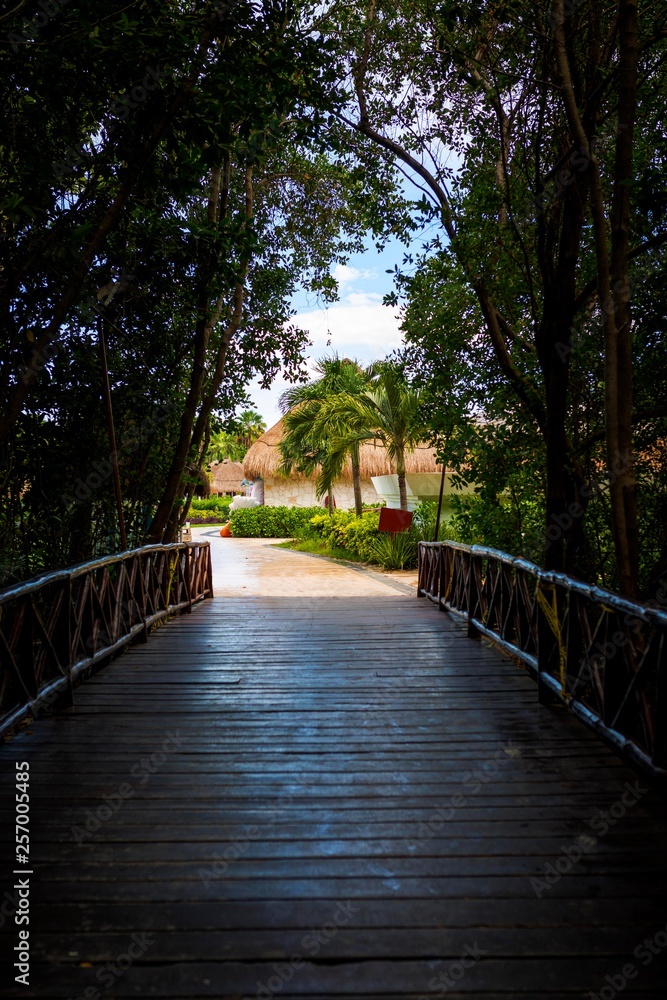 Rustic wooden bridge walk way shaded and silhouetted by trees and jungle down luxury Caribbean beach resort on the Riviera Maya in the Caribbean