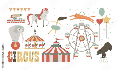 Circus performance set. Human and animals design elements. Vector illustration