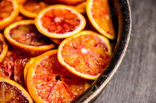 Making jam with red oranges. Selective focus. Shallow depth of field.