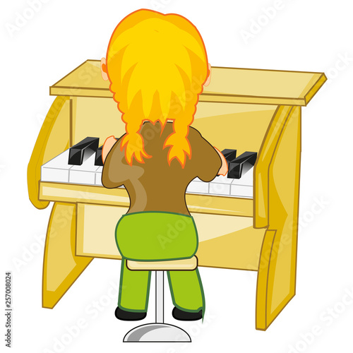 Girl plays on music instrument piano.Type behind