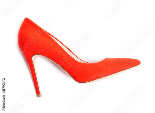 Stylish high heel shoe on white background, top view