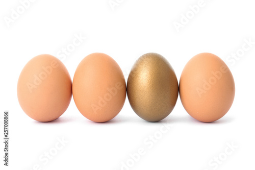 Golden egg among others on white background