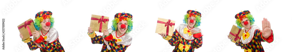 Clown with giftbox isolated on white Clown with giftbox isolated on white