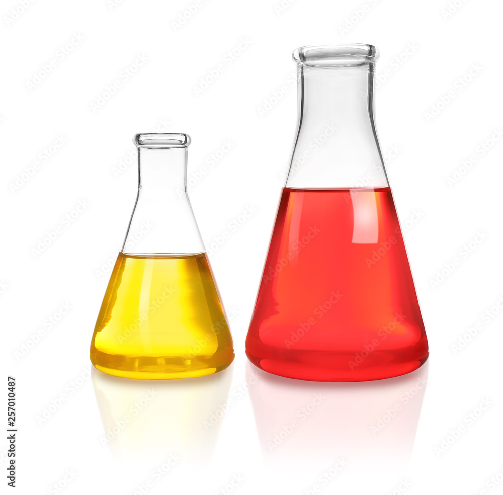 Laboratory glassware with different samples on white background. Solution chemistry Laboratory glassware with different samples on white background. Solution chemistry