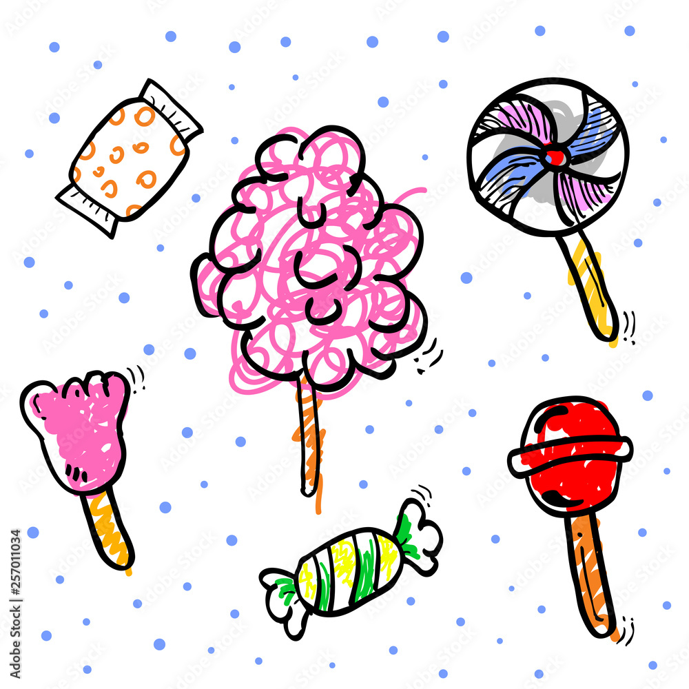 Naklejka premium 5 simple hand draw, scribble fill color, blue pink, brown, gray, yellow, green sketch of candy