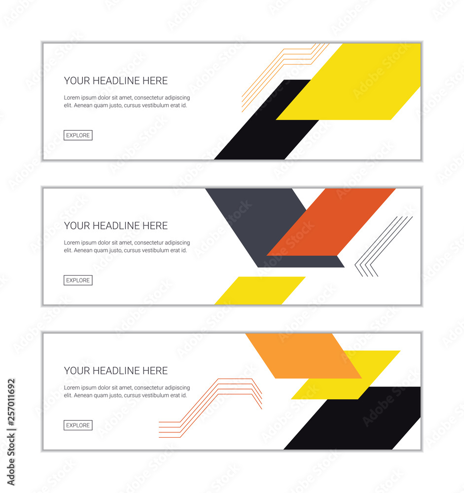 Web banner design template set consisting of abstract backgrounds made with parallelogram, shapes in colorful, positive technology abstraction. Modern, geometric and technological vector art.