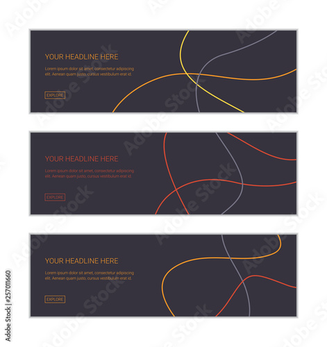 Web banner design template set consisting of abstract backgrounds made with colorful, curvy lines creating a messy look. Modern vector art in yellow, orange and blue colors.