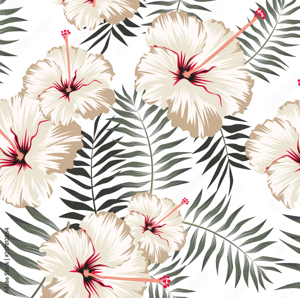 Tropical hibiscus flowers and palm leaves bouquets, white background. Vector seamless pattern. Jungle foliage illustration. Exotic plants. Summer beach floral design. Paradise nature