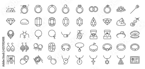 50 Jewelry line icon set. Included icons as gems, gemstones, jewel, accessories, ring and more.