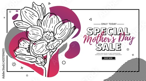 Modern Template design for Mom day banner. Promotion layout for mother's day offer with flower decoration. Line illustration  floral blossom with abstract geometric shape for sale. Vector.