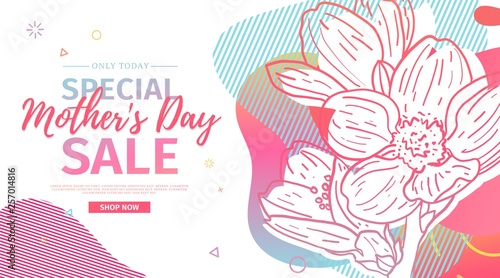 Modern Template design for Mom day banner. Promotion layout for mother's day offer with flower decoration. Line illustration  floral blossom with abstract geometric shape for sale. Vector.