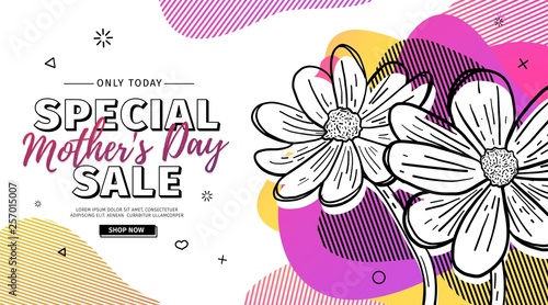 Modern Template design for Mom day banner. Promotion layout for mother's day offer with flower decoration. Line illustration  floral blossom with abstract geometric shape for sale. Vector.