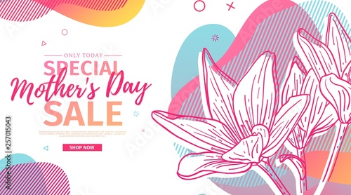 Modern Template design for Mom day banner. Promotion layout for mother's day offer with flower decoration. Line illustration  floral blossom with abstract geometric shape for sale. Vector.