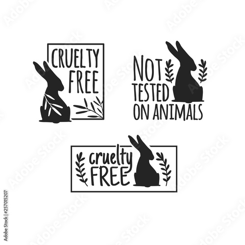 Set animal logo cruelty free. Sign with silhouette rabbit and flower and nature leaf. Design stapm for product not tested on animals. Layout Badge for natural cosmetic.  Vector symbol.