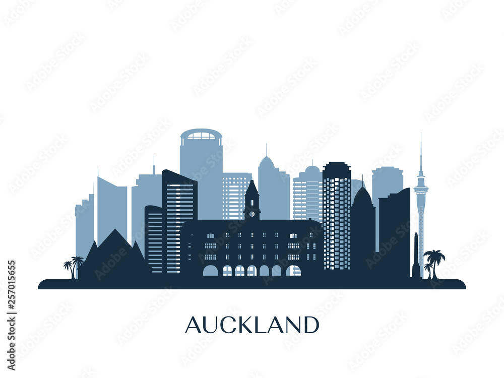 Auckland skyline, monochrome silhouette. Vector illustration.
