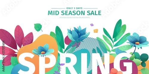Template design banner for spring season sale. Promotion offer layout with plants, leaves and floral decoration.  Abstract shape with flowers frame. Vector