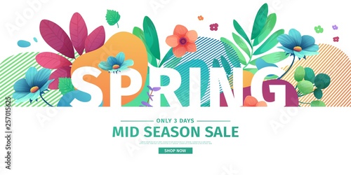 Template design banner for spring season sale. Promotion offer layout with plants, leaves and floral decoration.  Abstract shape with flowers frame. Vector