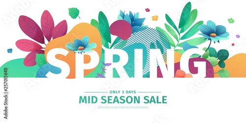 Template design banner for spring season sale. Promotion offer layout with plants, leaves and floral decoration. Abstract shape with flowers frame. Vector