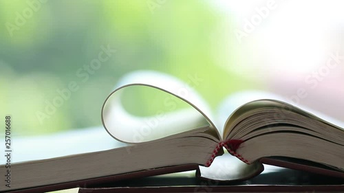 Old open book on desk on desk with heart shape on blur green background in page for reading. Research literature for learning education concept