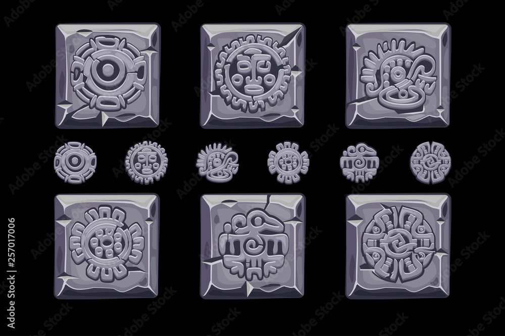 Ancient Mexican mythology symbols isolated on stone square. American aztec, mayan culture native totem. Vector icons. Ancient Mexican mythology symbols isolated on stone square. American aztec, mayan culture native totem. Vector icons.