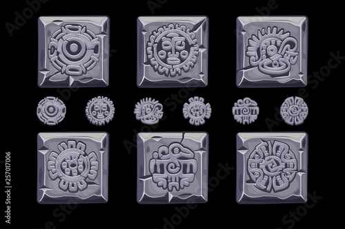 Ancient Mexican mythology symbols isolated on stone square. American aztec, mayan culture native totem. Vector icons.
