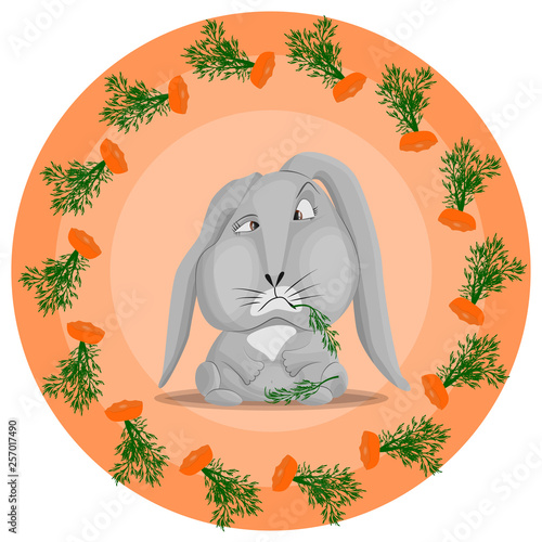 Vector pattern with a gray rabbit that has eaten carrots. The remains of carrots in a circle on an orange background. The concept of gluttony and indifference in food.