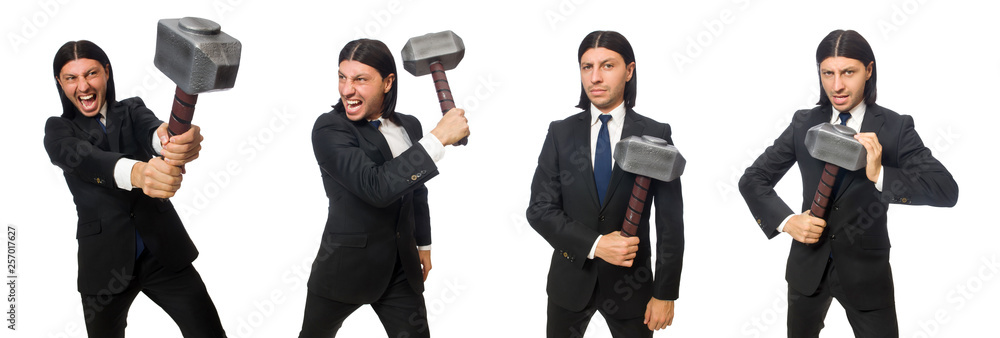 Handsome businessman holding hammer isolated on white