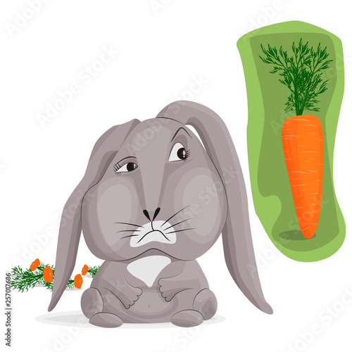 Vector image of a gray sad bunny on a white background. Rabbit looks at a big beautiful carrot on a green background. Behind a lot of leftovers from eating carrots. The concept of gluttony and excess 