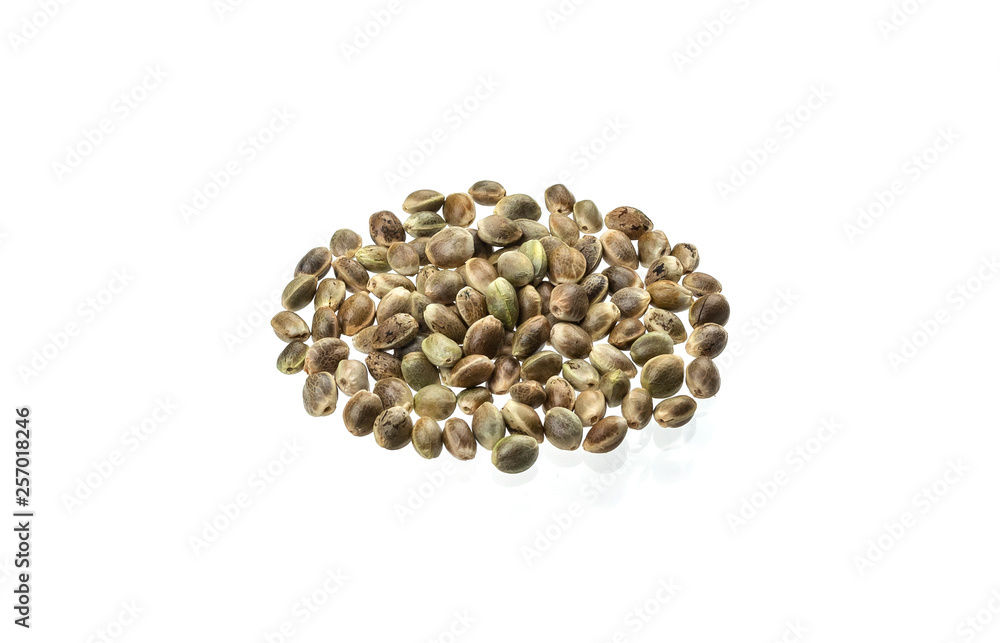 Hemp seeds isolated on white background with clipping path, close up, macro Hemp seeds isolated on white background with clipping path, close up, macro