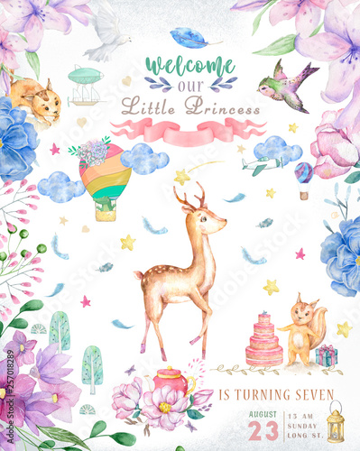 Cute baby deer animal isolated illustration for children. Bohemian watercolor boho forest deer family watercolor drawing Perfect for nursery posters. Birthday invite, celbration card