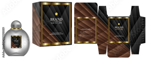 Packaging design, Label on cosmetic container with black and brown luxury box template and mockup box, illustration vector.	