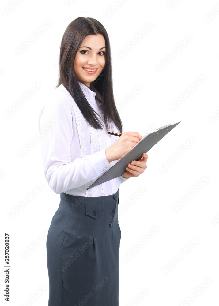 female Secretary with documents on white isolated background female Secretary with documents on white isolated background
