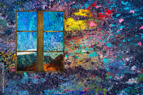 Colorful  background with mountain view from window