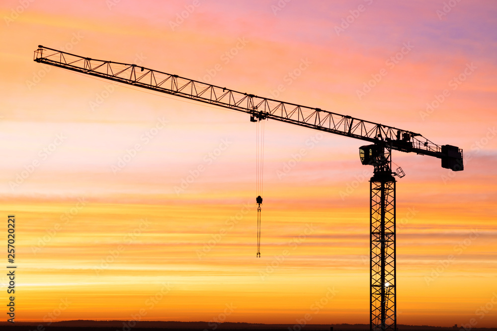 The silhouette of crane on the background of beautiful scarlet sunrise or sunset with cloudy sky colored in red, rose, scarlet, purple and blue vivid colores 