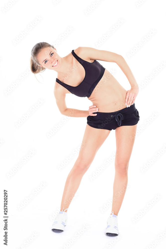 health concept:young business woman performs fitness exercise health concept:young business woman performs fitness exercise